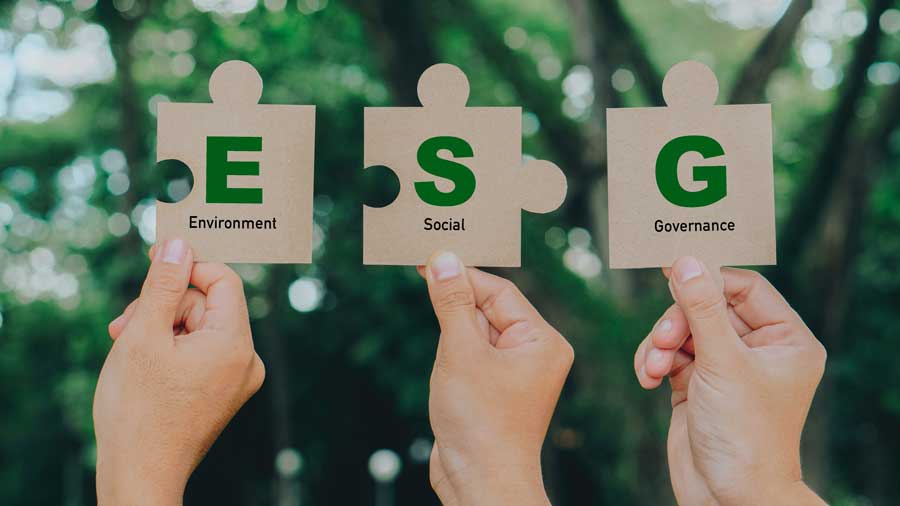 Hands holding puzzle pieces with the letters E S G