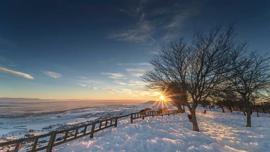 The countryside blanketed in snow