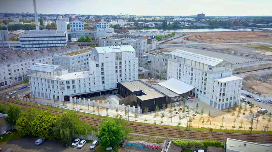 Aerial view of 5 Bridges village in Nantes, France