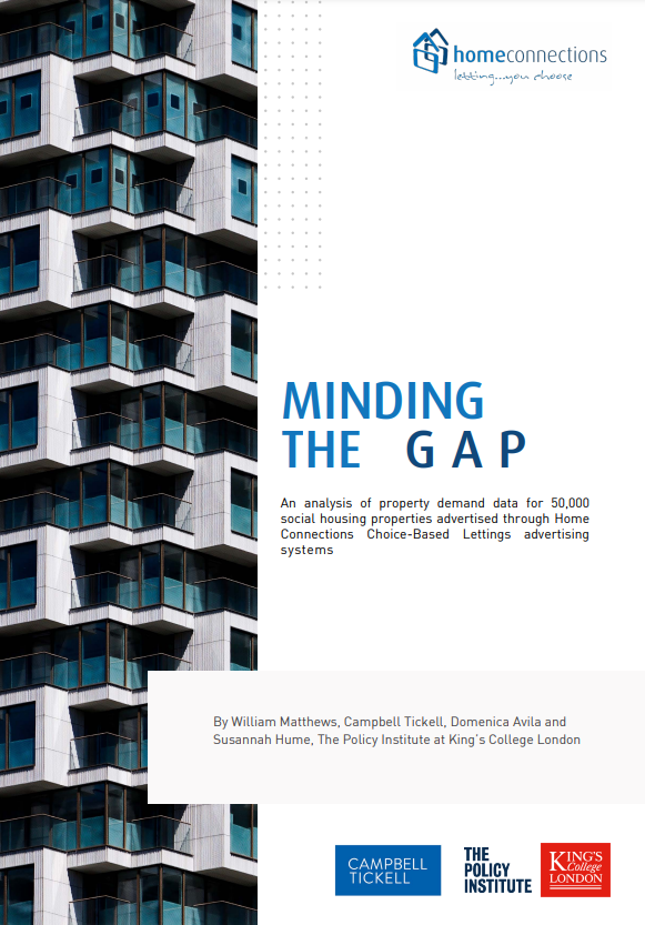 Home Connections log. Title - Minding the gap. Logos - Campbell Tickell, The Policy Instituture and Kings College