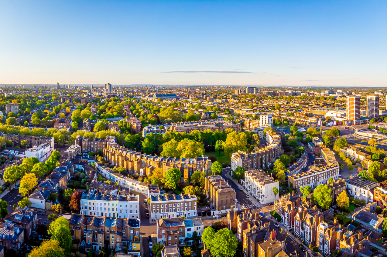 Overhead picture of city with houses and trees.